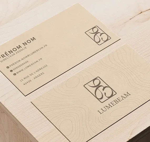 Carte de visite de la marque lumebeam, luminaire DIY en bois
